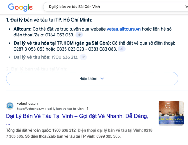 Hành khách tìm tên, số điện thoại đại lý bán vé tàu Tết 2026 Sài Gòn Vinh trên Google